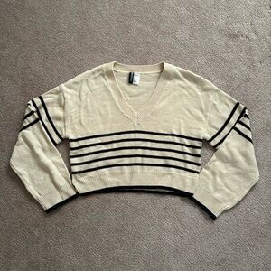 H&M V-Neck Cropped Stripped Beige and Navy Sweater